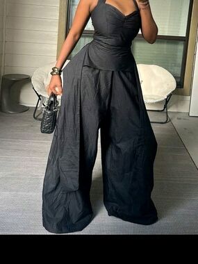 Wide-Leg Black Jumpsuit with Draped Bodice